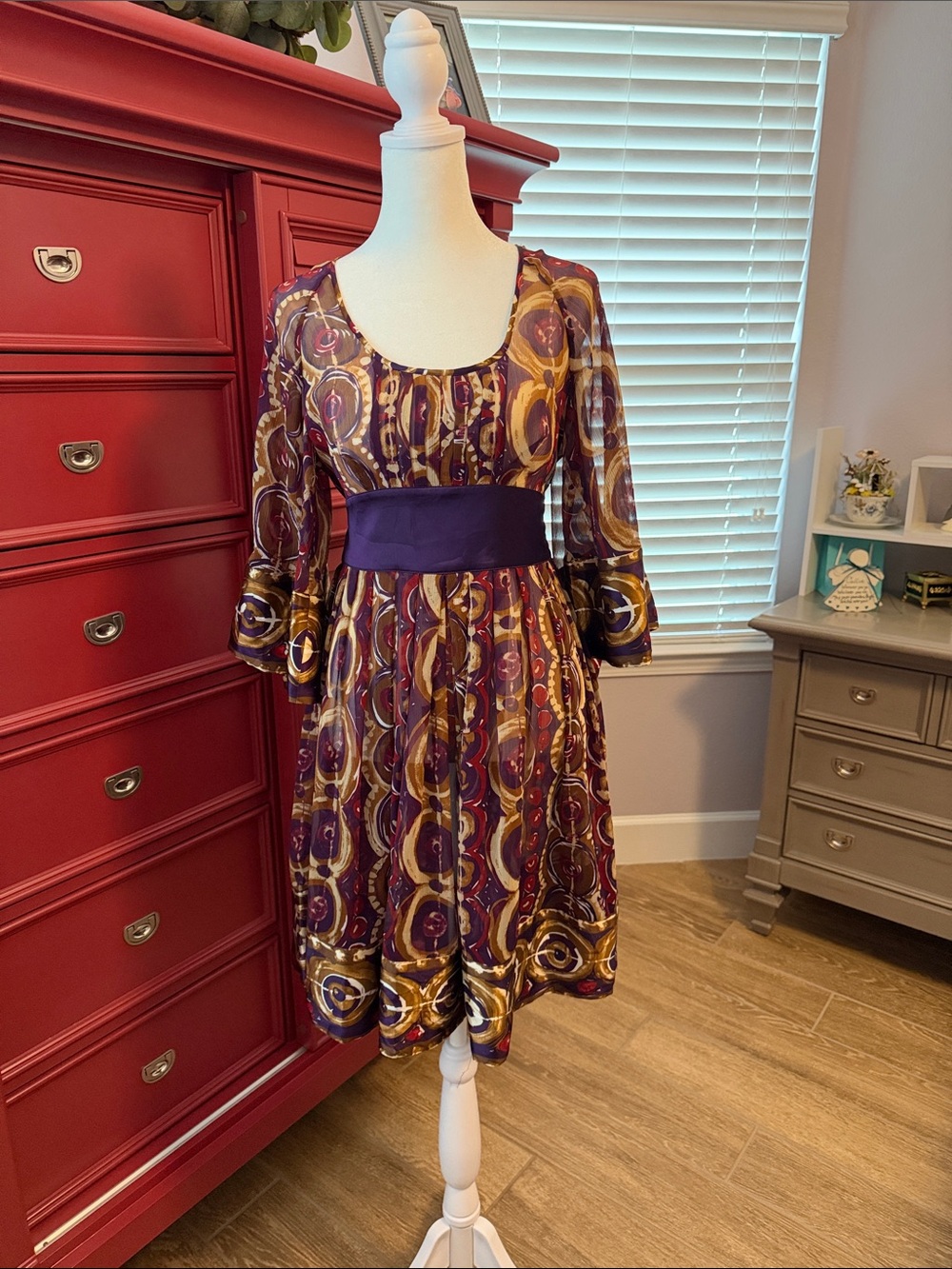 Gianni Bini Purple Multicolor Printed Empire-Waist Long Sleeve Dress